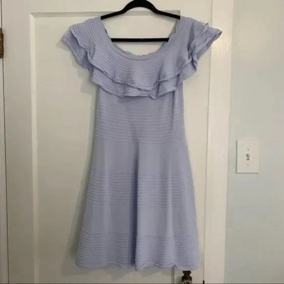 Knit Light Blue Off the Shoulder Fit & Flare Dress - Picture 5 of 8